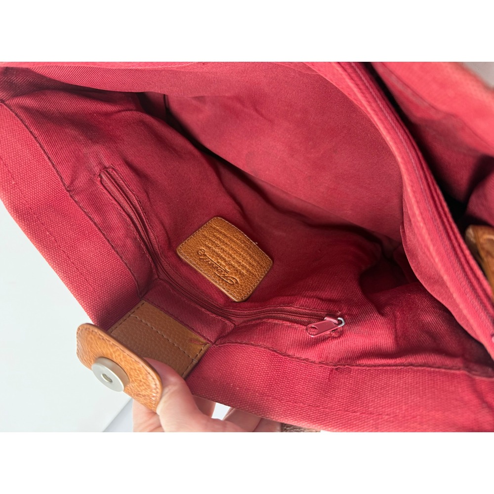 Fossil Red Canvas Brown Leather Trim Tote Shoulder Bag Whipstitch Key Charm - Picture 10 of 14
